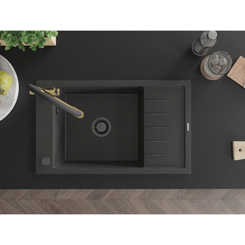 Mexen Elias granite sink 1-bowl with drainer and kitchen tap Duo, black speckled - 6511-76-671701-57-B