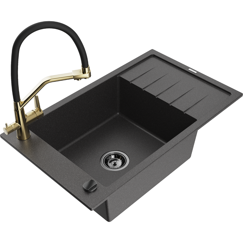 Mexen Elias 1-compartment granite sink with a drip tray and kitchen mixer tap Duo, Spotted black - 6511-76-671701-57-B