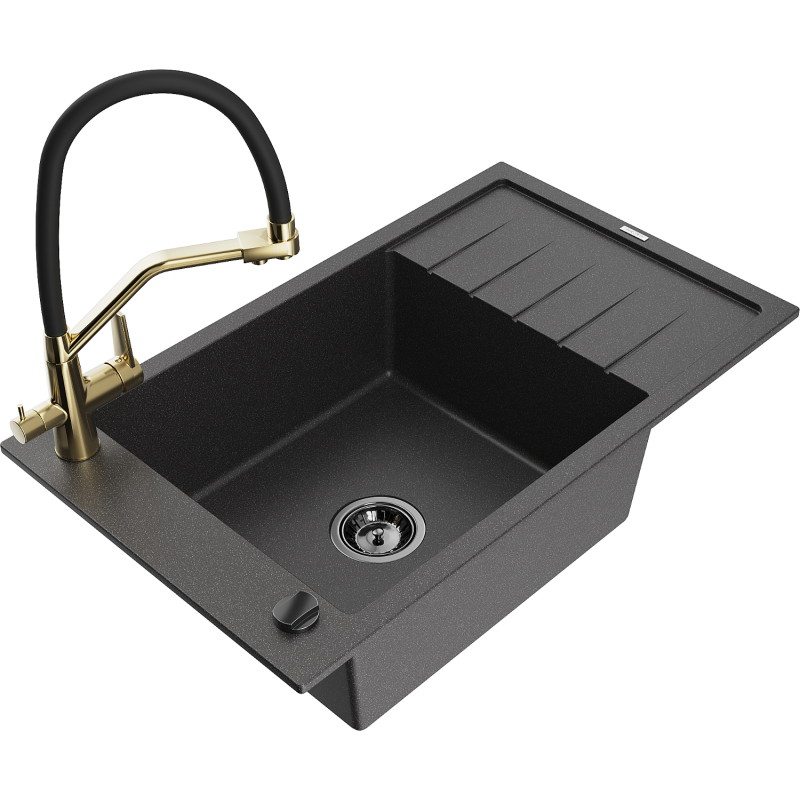 Mexen Elias granite kitchen sink 1-bowl with drainer and Duo kitchen faucet, black speckled - 6511-76-671701-57-B