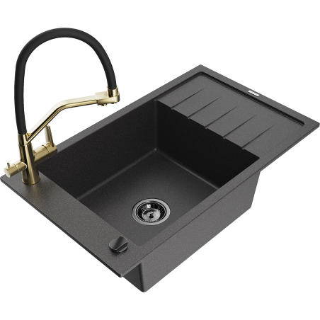 Mexen Elias 1-bowl granite sink with drainer and Duo kitchen faucet, black speckled - 6511-76-671701-57-B