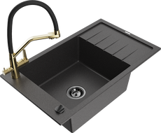 Mexen Elias granite kitchen sink 1-bowl with drainer and Duo kitchen faucet, black speckled - 6511-76-671701-57-B