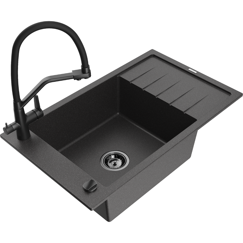 Mexen Elias 1-compartment granite sink with a drip tray and kitchen mixer tap Duo, Spotted black - 6511-76-671701-70-B
