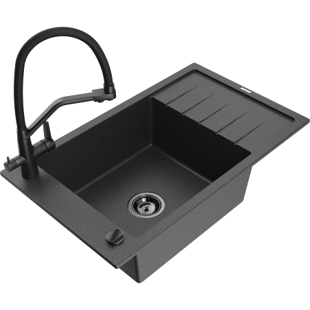 Mexen Elias 1-compartment granite sink with a drip tray and kitchen mixer tap Duo, Spotted black - 6511-76-671701-70-B