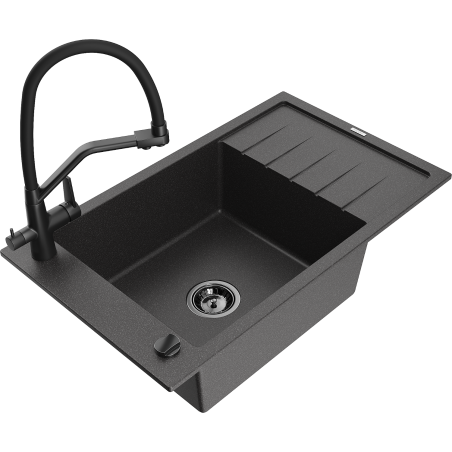 Mexen Elias granite sink, 1-bowl with drainer and Duo kitchen tap, black speckled - 6511-76-671701-70-B