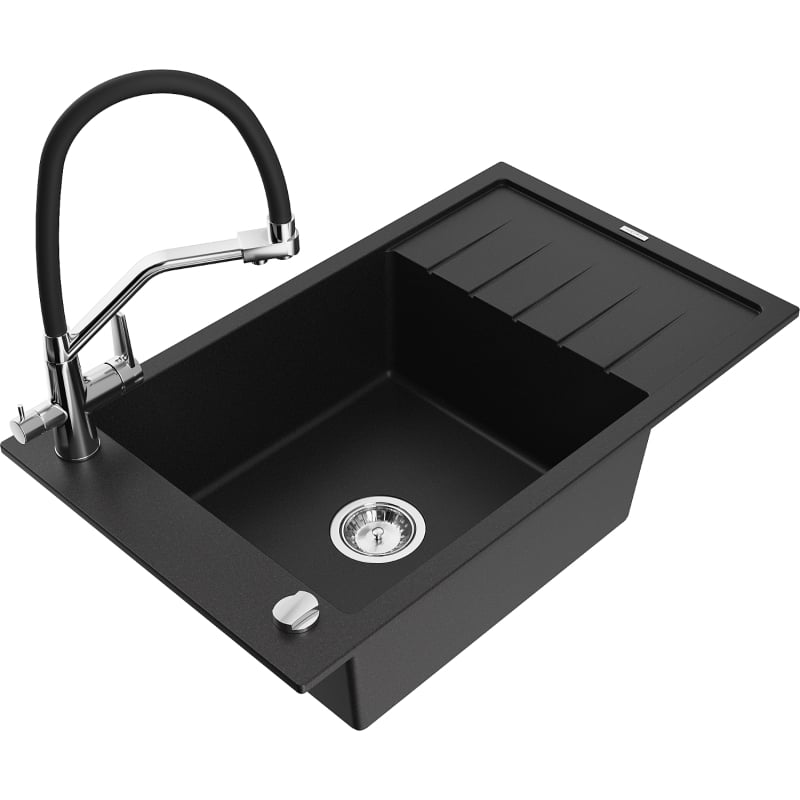 Mexen Elias granite kitchen sink 1-bowl with drainer and Duo kitchen faucet, black - 6511-77-671701-07