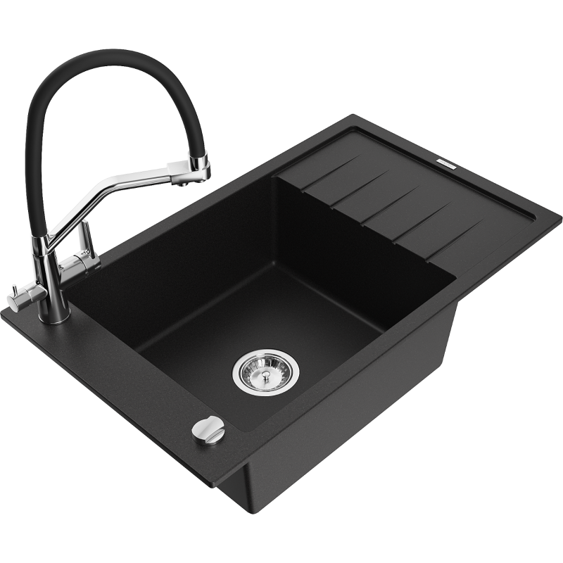 Mexen Elias granite sink 1-bowl with drainer and Duo kitchen tap, black - 6511-77-671701-07