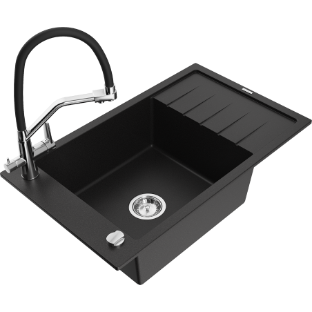 Mexen Elias granite sink 1-bowl with drainer and Duo kitchen tap, black - 6511-77-671701-07