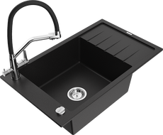 Mexen Elias granite sink 1-bowl with drainer and Duo kitchen tap, black - 6511-77-671701-07