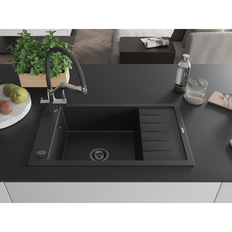 Mexen Elias 1-Bowl Granite Sink with Drainer and Duo Kitchen Faucet, Black - 6511-77-671701-07-B