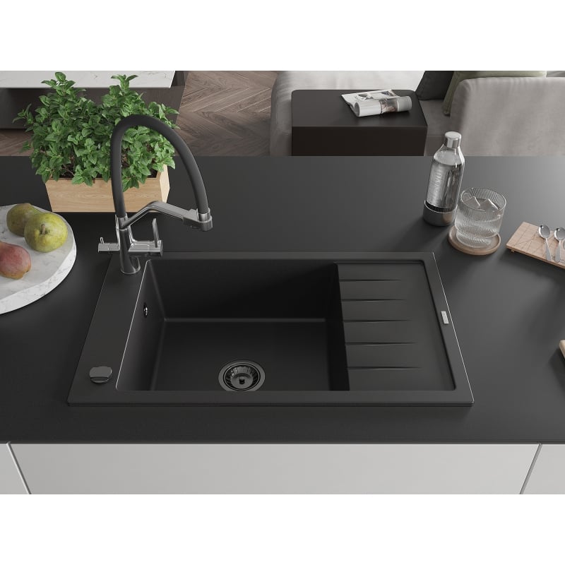 Mexen Elias granit sink 1-bowl with drainer and Duo kitchen faucet, black - 6511-77-671701-07-B