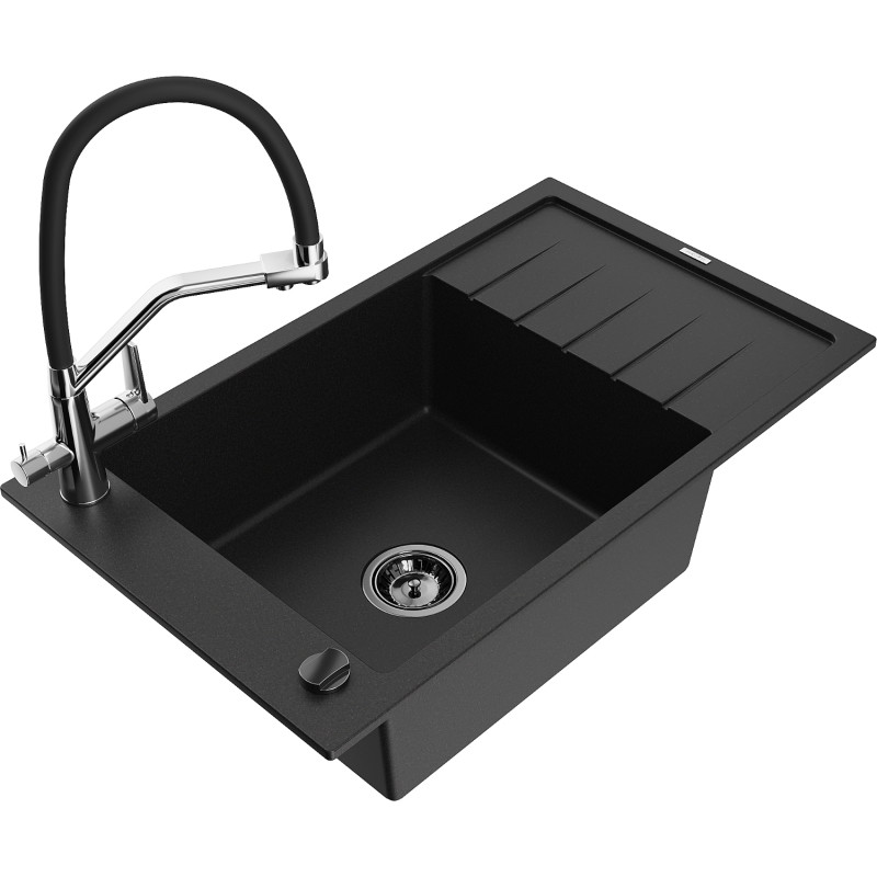 Mexen Elias 1-Bowl Granite Sink with Drainer and Duo Kitchen Faucet, Black - 6511-77-671701-07-B