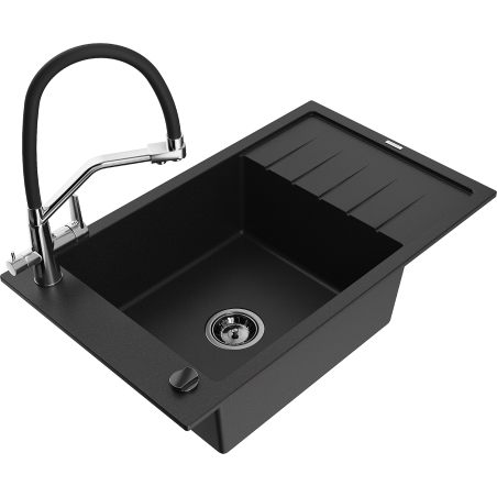 Mexen Elias 1-Bowl Granite Sink with Drainer and Duo Kitchen Faucet, Black - 6511-77-671701-07-B