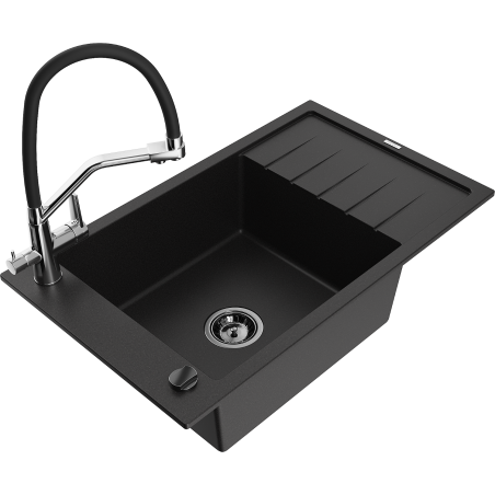Mexen Elias granit sink 1-bowl with drainer and Duo kitchen faucet, black - 6511-77-671701-07-B