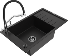 Mexen Elias granit sink 1-bowl with drainer and Duo kitchen faucet, black - 6511-77-671701-07-B