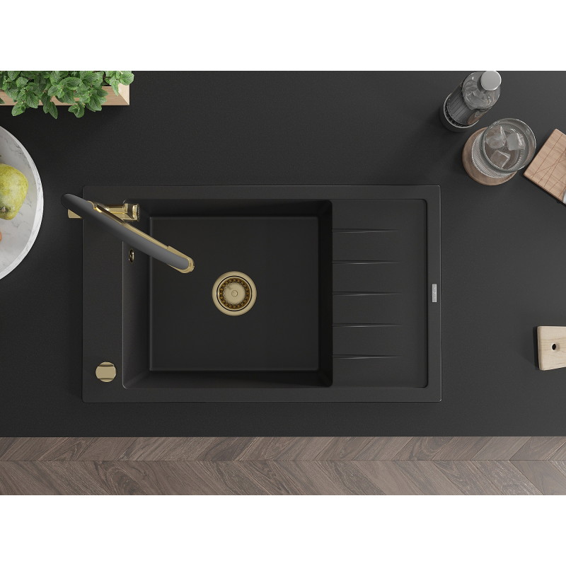 Mexen Elias granite kitchen sink 1-bowl with drainer and Duo kitchen faucet, black - 6511-77-671701-57-G