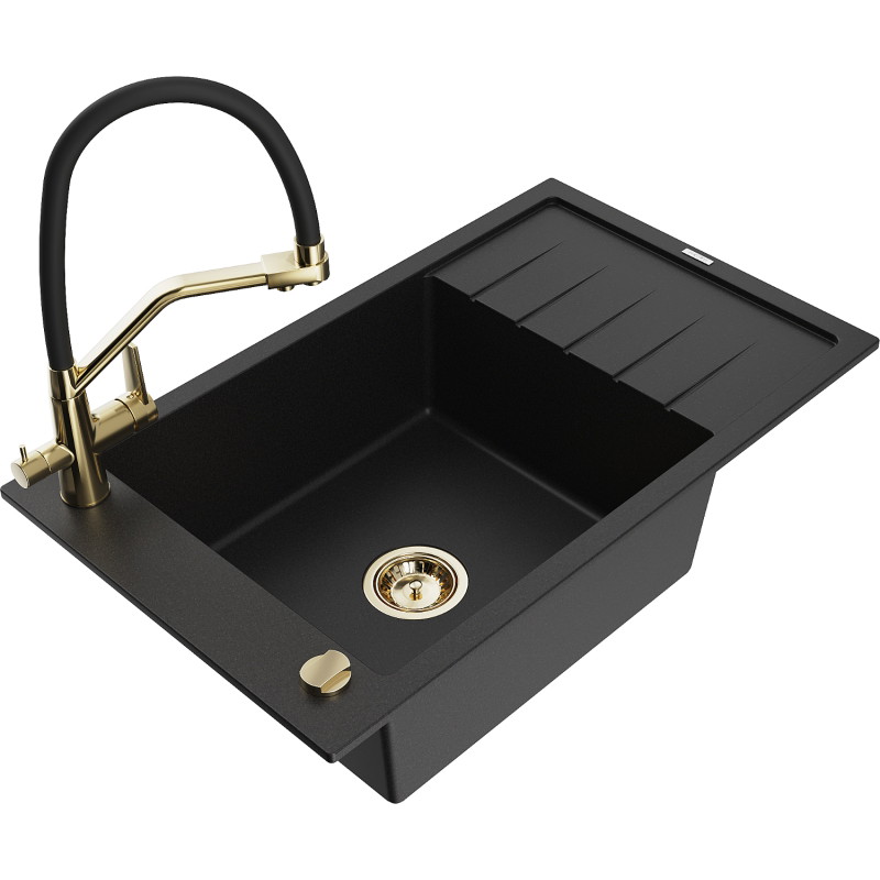 Mexen Elias granite kitchen sink 1-bowl with drainer and Duo kitchen faucet, black - 6511-77-671701-57-G