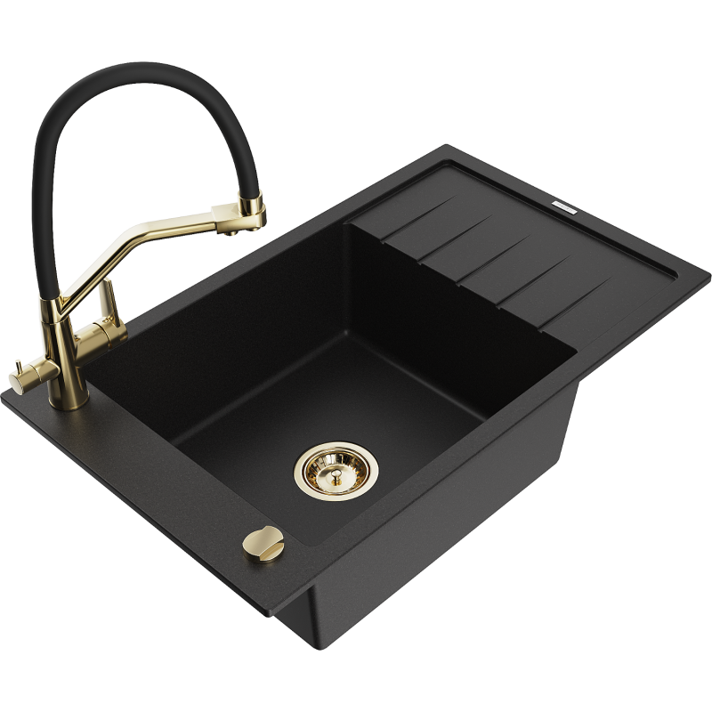 Mexen Elias single-bowl granite sink with drainer and Duo kitchen tap, black - 6511-77-671701-57-G