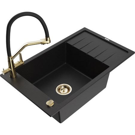 Mexen Elias granite kitchen sink 1-bowl with drainer and Duo kitchen faucet, black - 6511-77-671701-57-G