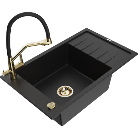 Mexen Elias single-bowl granite sink with drainer and Duo kitchen tap, black - 6511-77-671701-57-G
