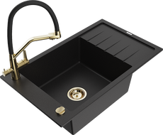 Mexen Elias granite kitchen sink 1-bowl with drainer and Duo kitchen faucet, black - 6511-77-671701-57-G