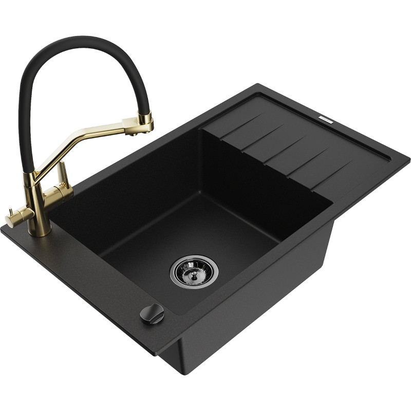 Mexen Elias granite kitchen sink with one bowl, drainboard, and kitchen faucet Duo, black - 6511-77-671701-57-B