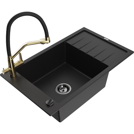 Mexen Elias granite kitchen sink with one bowl, drainboard, and kitchen faucet Duo, black - 6511-77-671701-57-B
