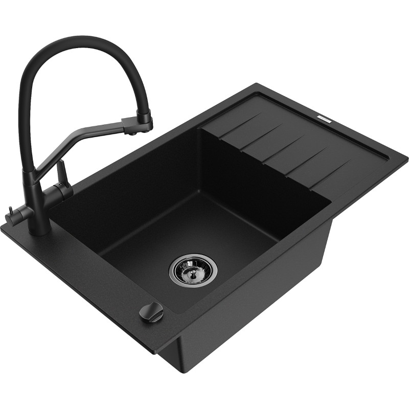 Mexen Elias granite sink 1-bowl with drainer and Duo kitchen faucet, black - 6511-77-671701-70-B