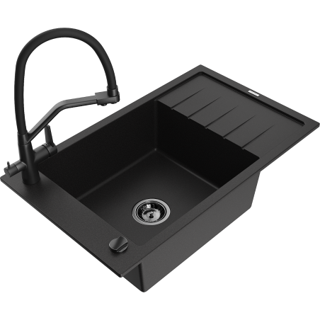 Mexen Elias 1-compartment granite sink with a drip tray and kitchen mixer tap Duo, Black - 6511-77-671701-70-B