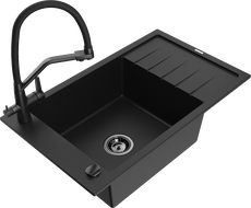 Mexen Elias 1-bowl granite sink with drainer and Duo kitchen faucet, black - 6511-77-671701-70-B