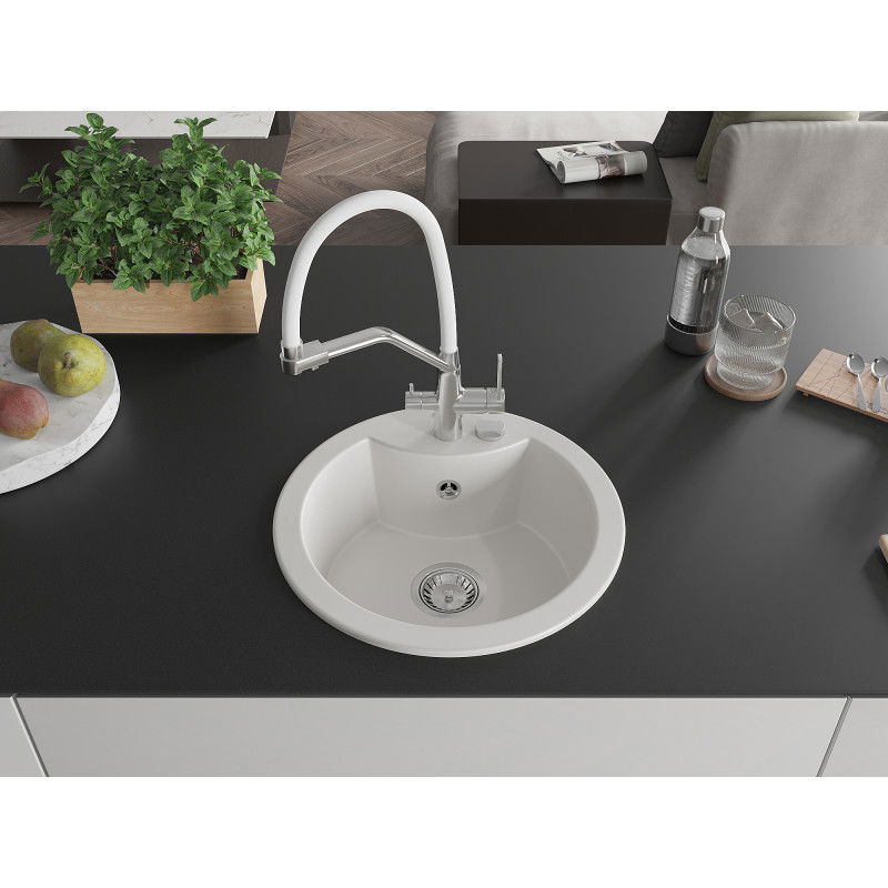 Mexen Diego 1-bowl granite sink with Duo kitchen tap, white - 6512-20-671701-02