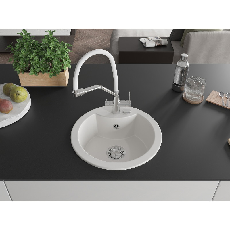 Mexen Diego granite kitchen sink 1-bowl with Duo kitchen faucet, white - 6512-20-671701-02
