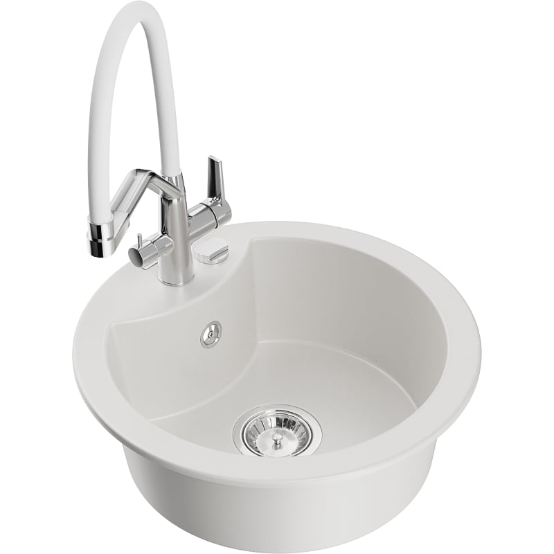 Mexen Diego 1-Bowl Granite Sink with Duo Kitchen Faucet, White - 6512-20-671701-02