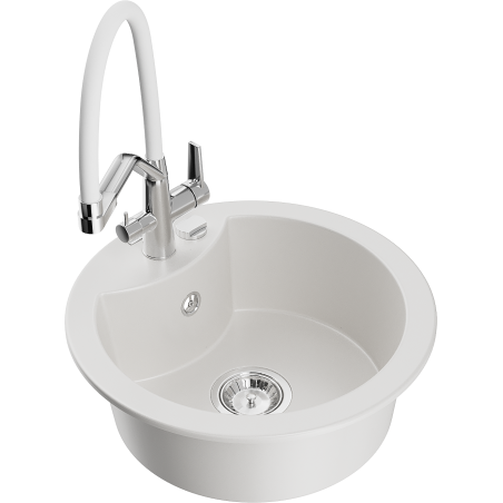 Mexen Diego 1-Bowl Granite Sink with Duo Kitchen Faucet, White - 6512-20-671701-02