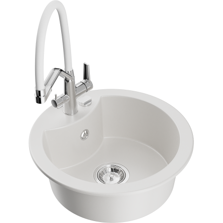 Mexen Diego granite kitchen sink 1-bowl with Duo kitchen faucet, white - 6512-20-671701-02