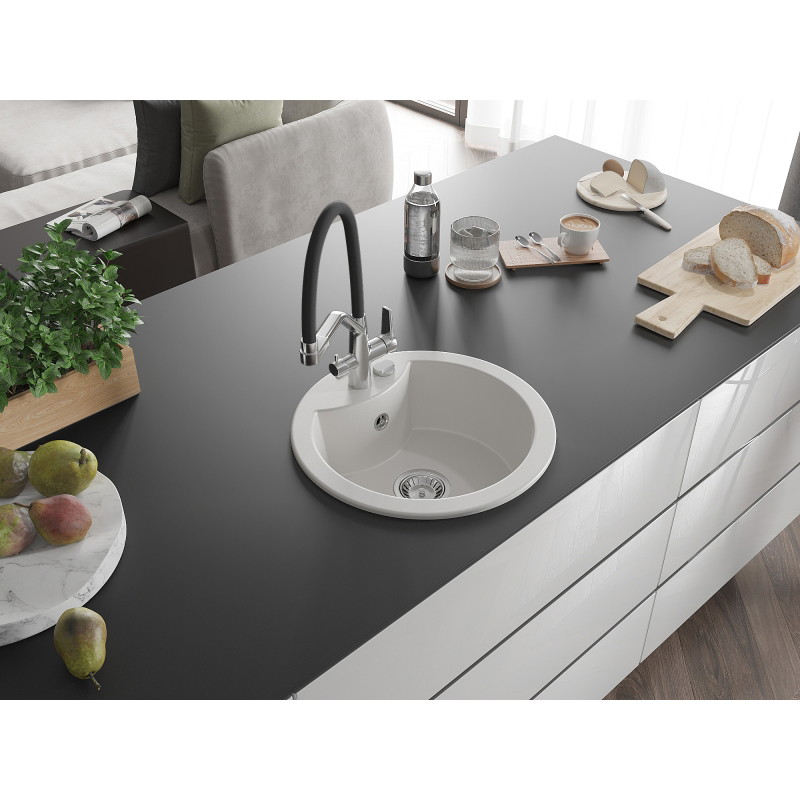 Mexen Diego 1-bowl granite kitchen sink with Duo kitchen faucet, white - 6512-20-671701-07