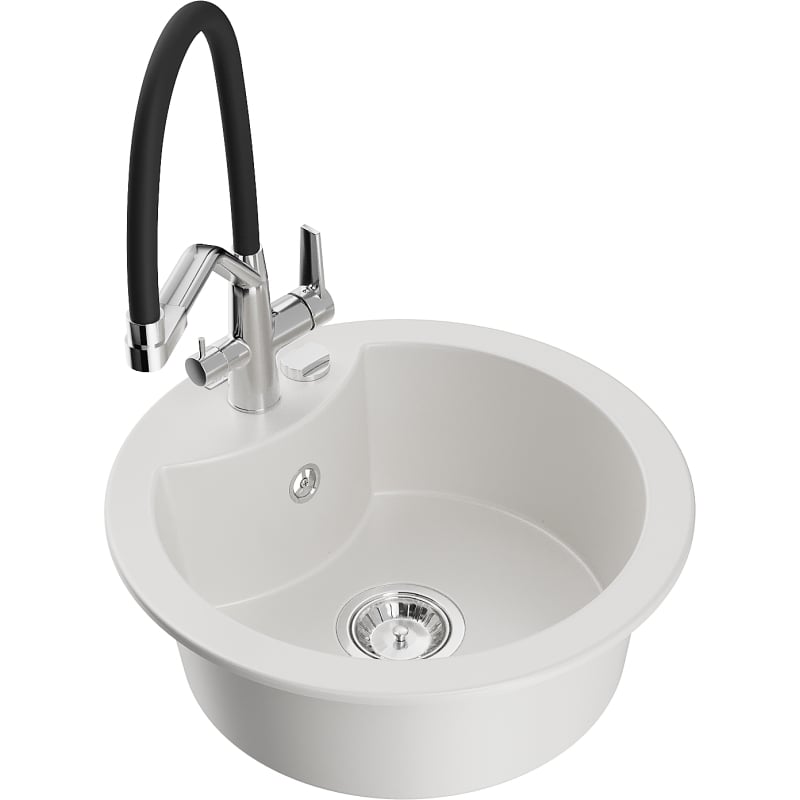 Mexen Diego 1-bowl granite kitchen sink with Duo kitchen faucet, white - 6512-20-671701-07
