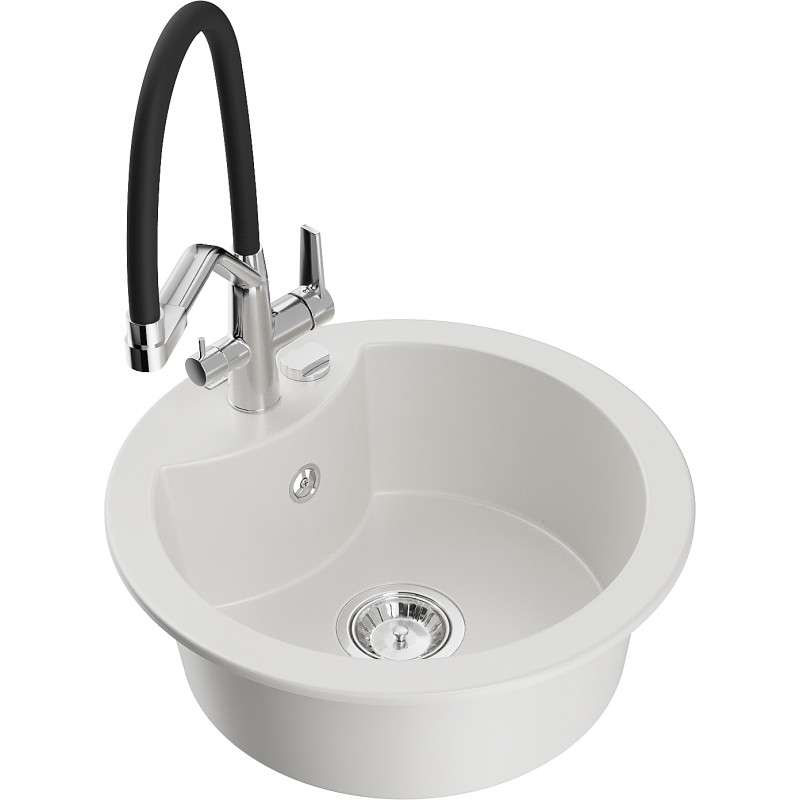 Mexen Diego 1-bowl granite sink with Duo kitchen faucet, white - 6512-20-671701-07