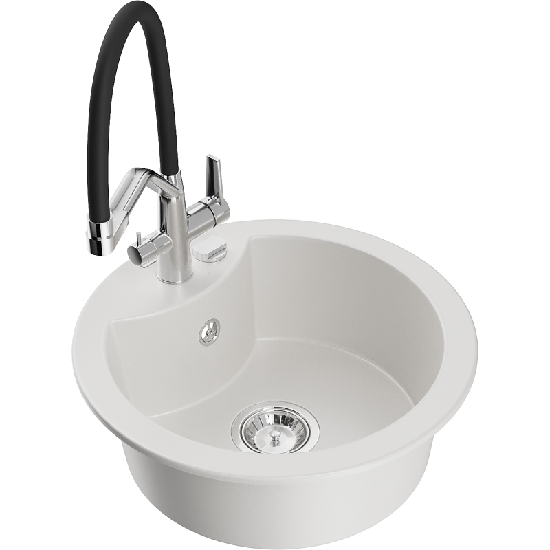 Mexen Diego 1-compartment granite sink with a kitchen mixer tap Duo, white - 6512-20-671701-07