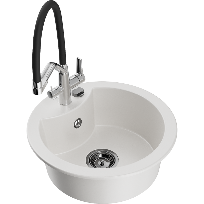 Mexen Diego 1-Bowl Granite Sink with Duo Kitchen Tap, White - 6512-20-671701-07-B