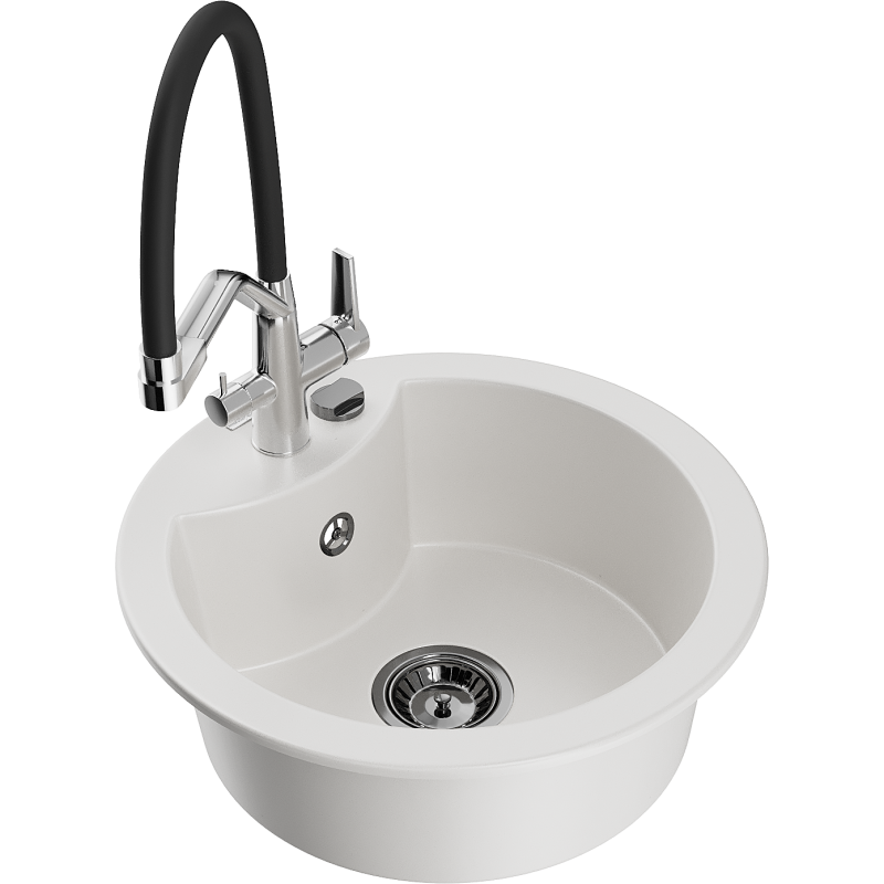 Mexen Diego 1-compartment granite sink with a kitchen mixer tap Duo, white - 6512-20-671701-07-B