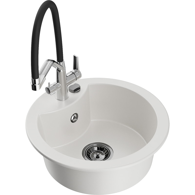 Mexen Diego granite kitchen sink 1-bowl with Duo kitchen faucet, white - 6512-20-671701-07-B