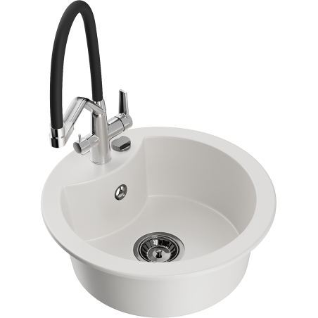 Mexen Diego 1-bowl granite sink with Duo kitchen faucet, white - 6512-20-671701-07-B