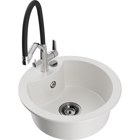 Mexen Diego 1-Bowl Granite Sink with Duo Kitchen Tap, White - 6512-20-671701-07-B