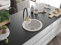 Mexen Diego 1-bowl granite sink with Duo kitchen faucet, white - 6512-20-671701-57-G