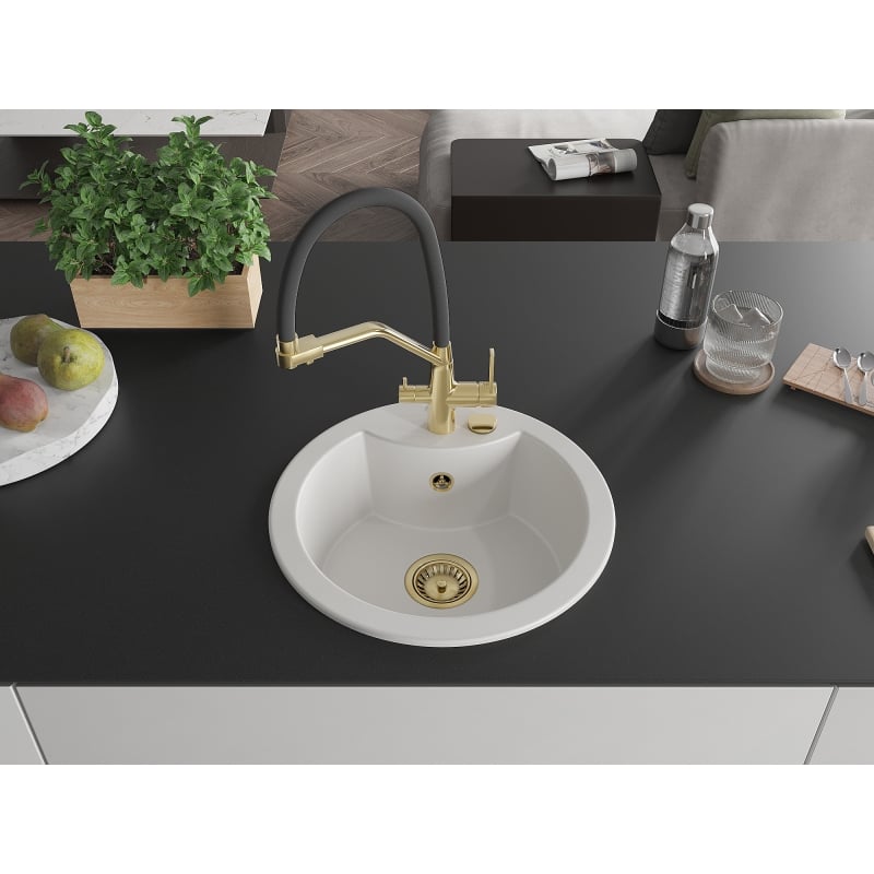Mexen Diego 1-bowl granite sink with Duo kitchen faucet, white - 6512-20-671701-57-G