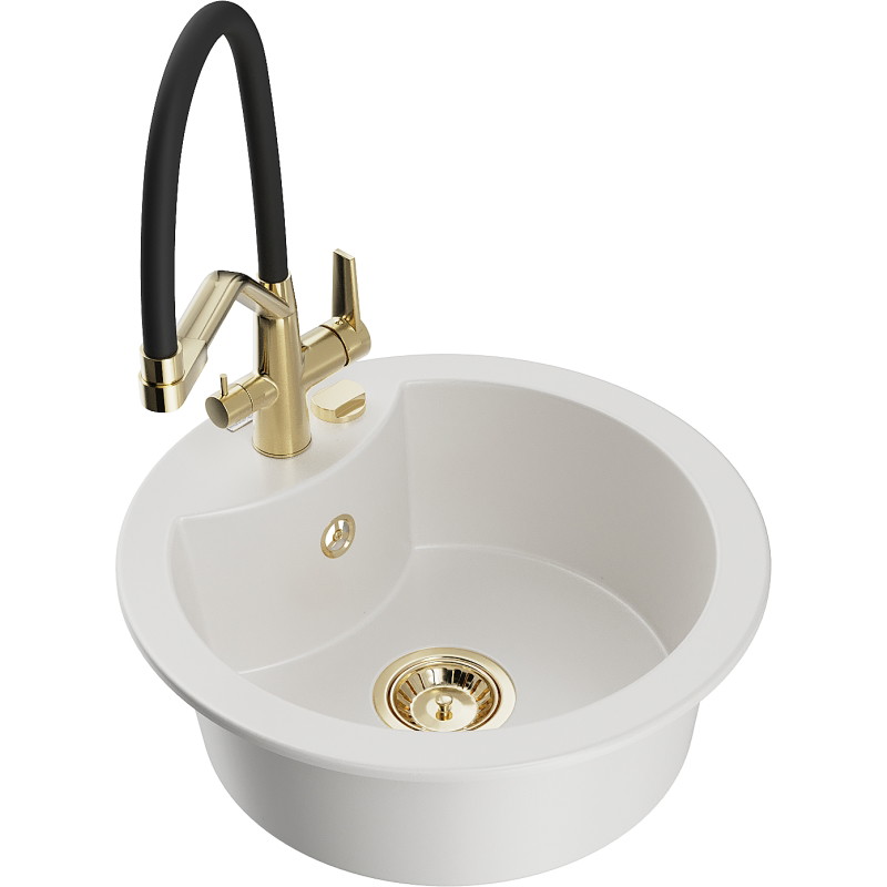 Mexen Diego 1-bowl granite sink with Duo kitchen faucet, white - 6512-20-671701-57-G