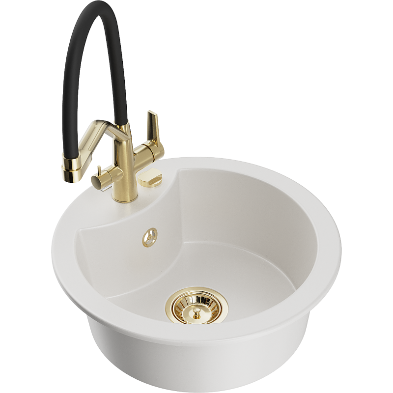Mexen Diego 1-bowl granite sink with Duo kitchen tap, white - 6512-20-671701-57-G