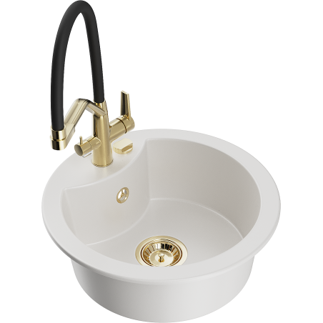 Mexen Diego 1-bowl granite sink with Duo kitchen tap, white - 6512-20-671701-57-G