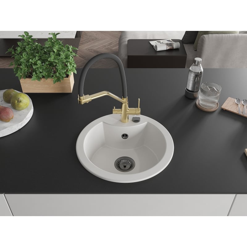 Mexen Diego 1-bowl granite sink with Duo kitchen faucet, white - 6512-20-671701-57-B