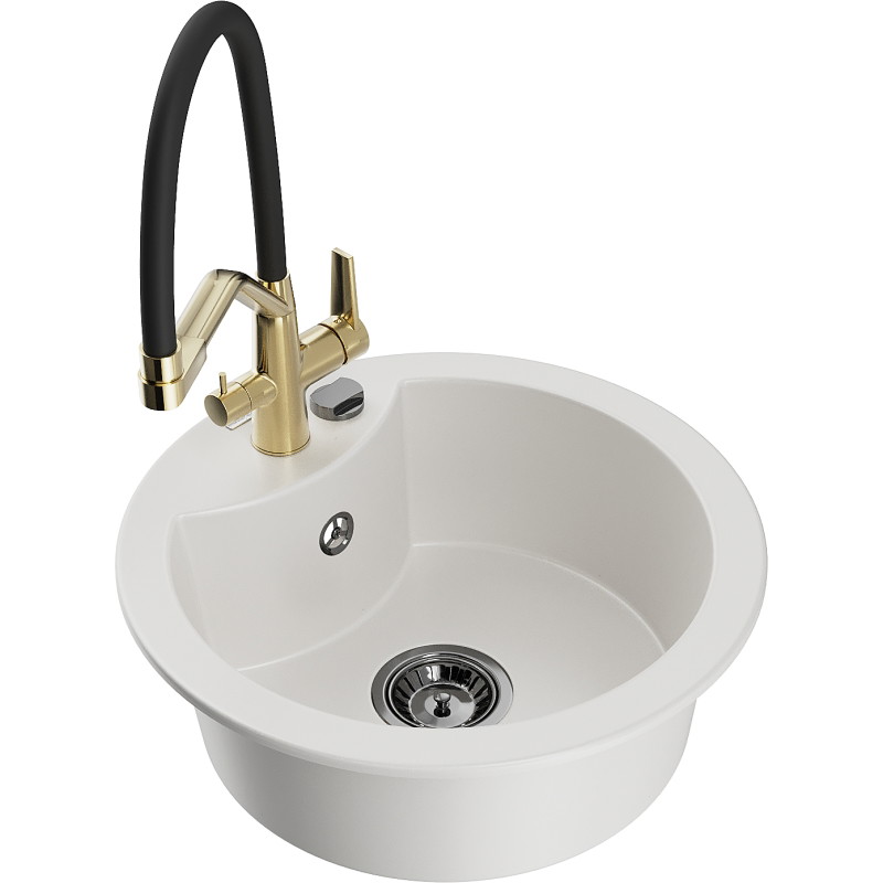 Mexen Diego 1-bowl granite sink with Duo kitchen faucet, white - 6512-20-671701-57-B